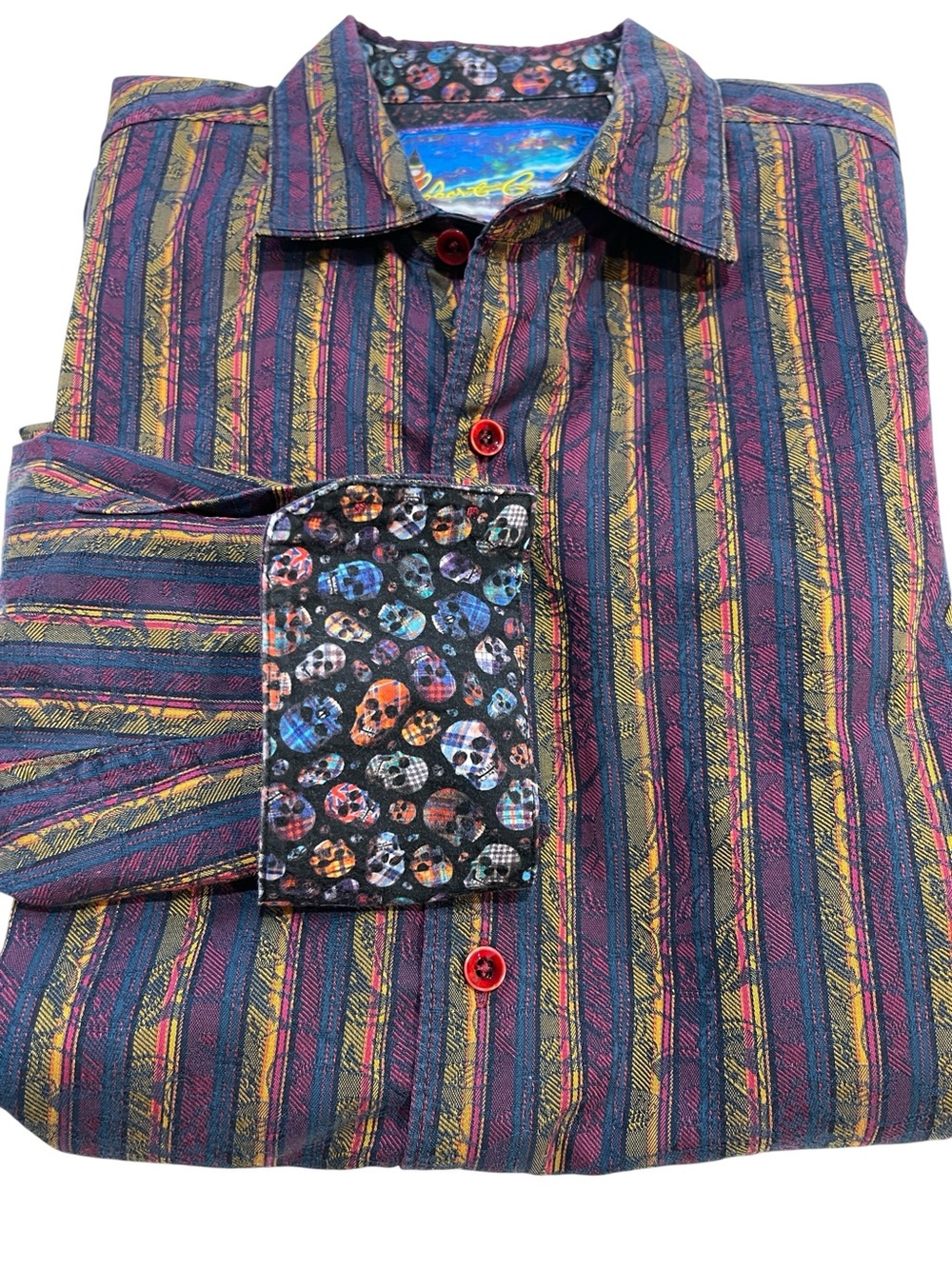 Robert Graham Brocade Print Stripe Contrast  Skull Flip Cuff SZ M Burgundy Navy